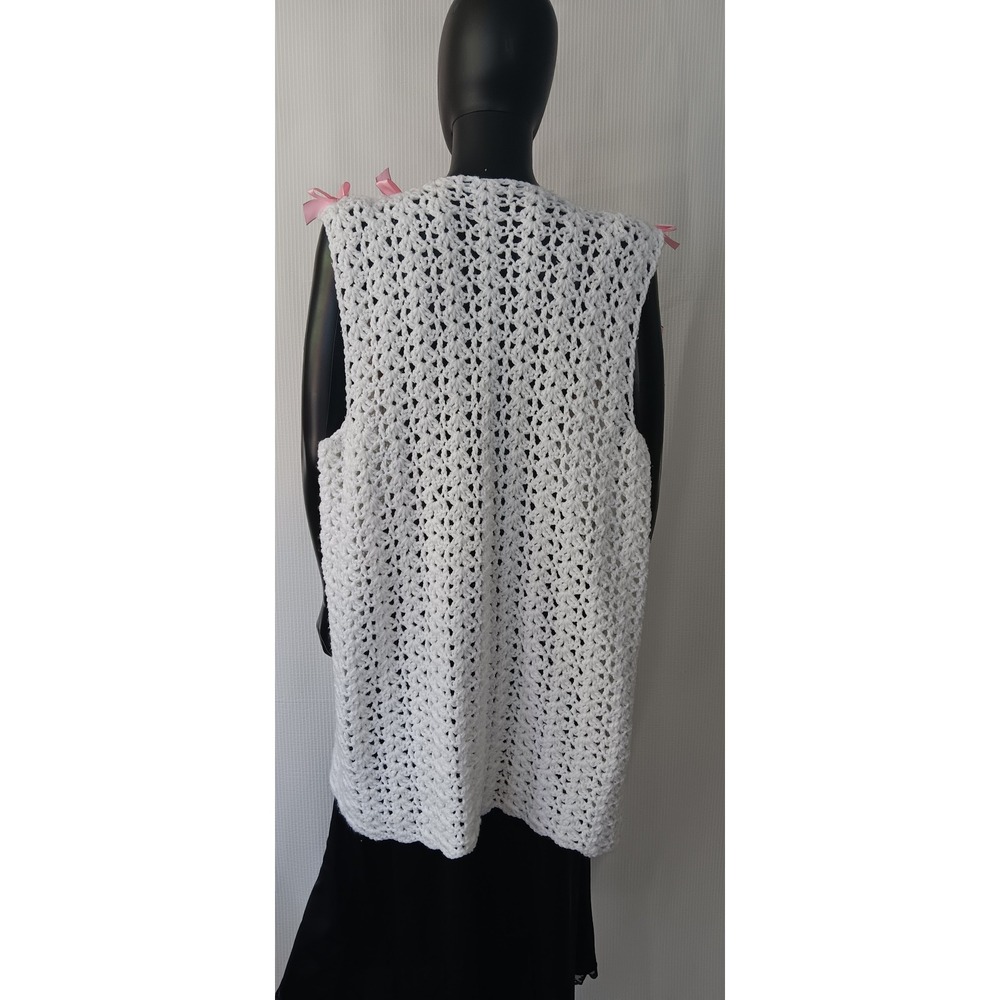 Handmade White Crochet Vest Sweater Longline Pink Bow Coquette Medium KS0296 - Picture 2 of 6